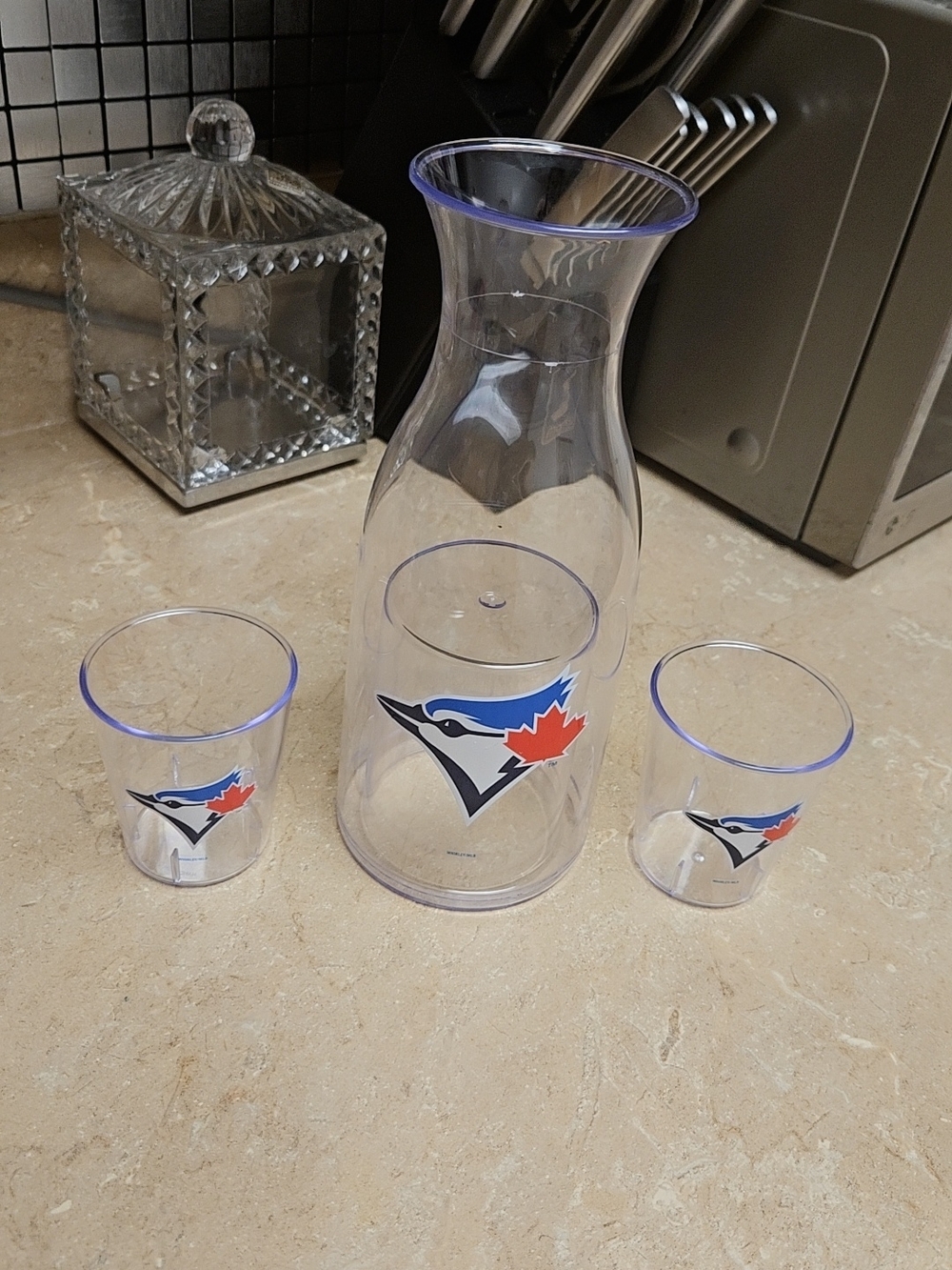 Clear Acrylic Carafe and Glass Set - Clear/Blue/Red (Not Glass)